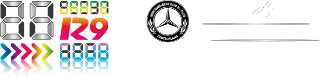 Logo negativ des R129 Clubs im Fußbereich